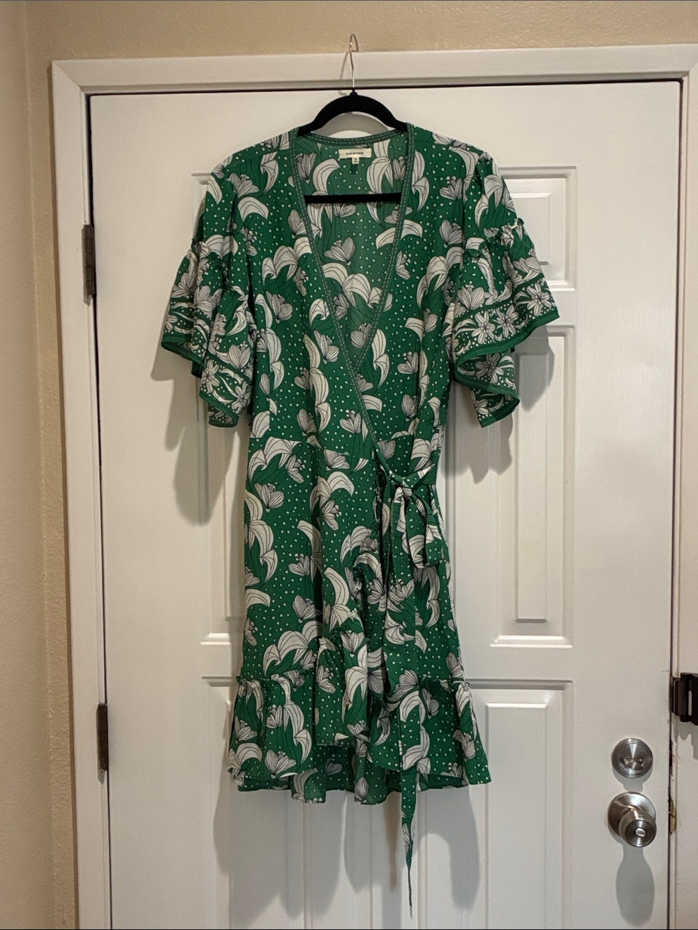 Max Studio Green Floral Wrap Dress with Flutter Sleeves